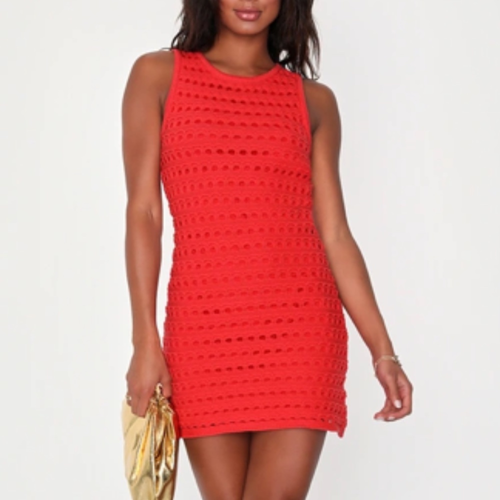 Lulus Attracted To You Red Sleeveless Crochet Mini Bodycon Dress - Size M